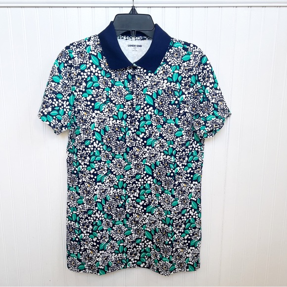 Lands' End Tops - Lands’ End Navy Blue, Green, White Dandelion Print Short Sleeve Polo Small Tall